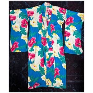 VINTAGE Japanese Floral Kimono Robe or Dress | Size Small | Blue Pink